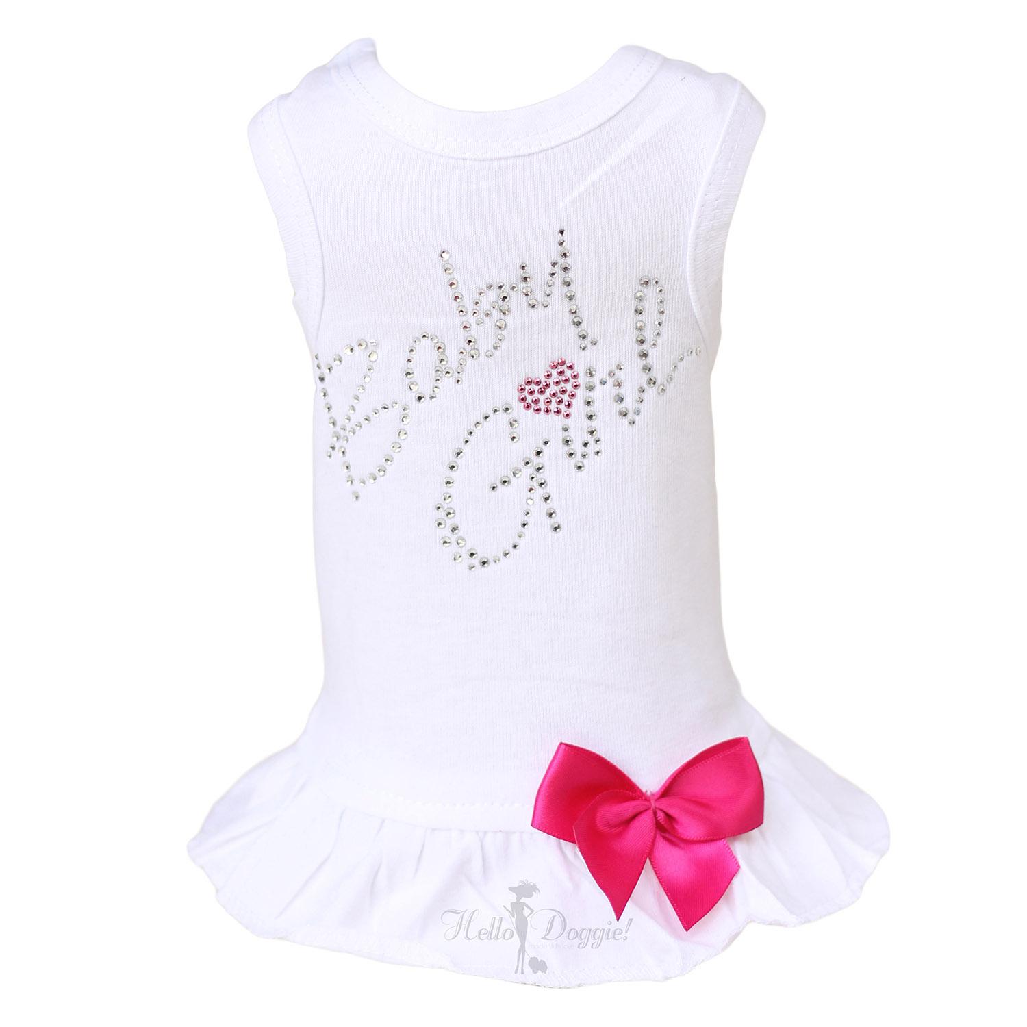 Hello Doggie Baby Girl Dog Dress - White with Pink Bow