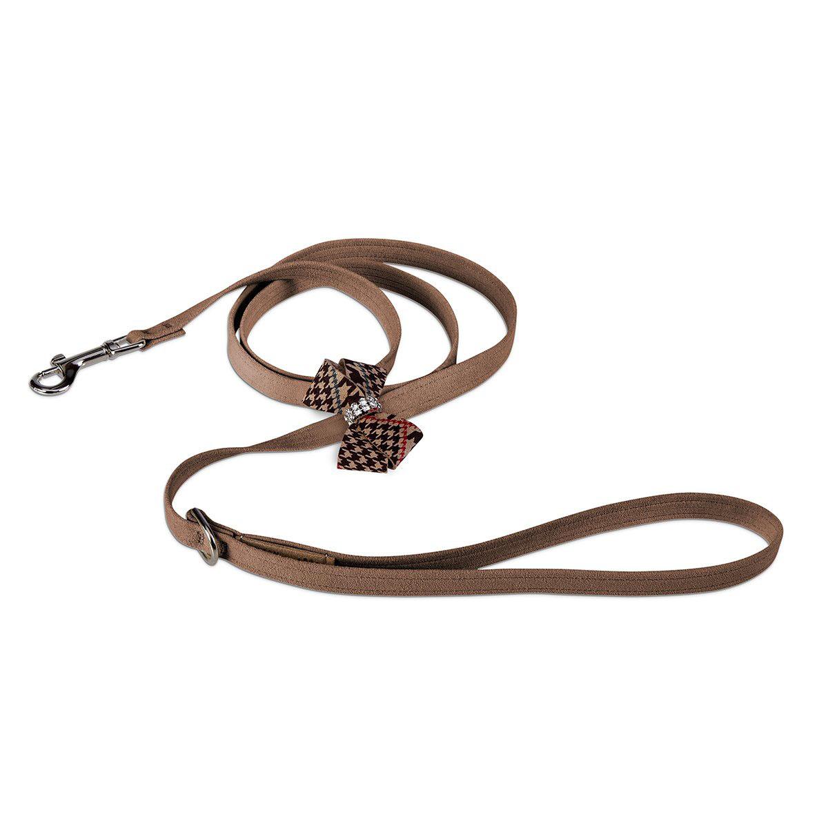 Chocolate Glen Houndstooth Nouveau Bow Dog Leash by Susan Lanci - Fawn