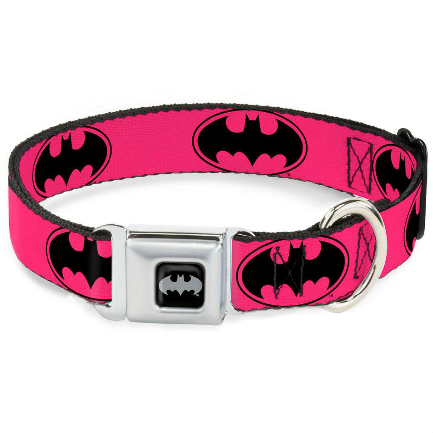 Batman Bat Signal Seatbelt Buckle Dog Collar by Buckle-Down - Black/Pink