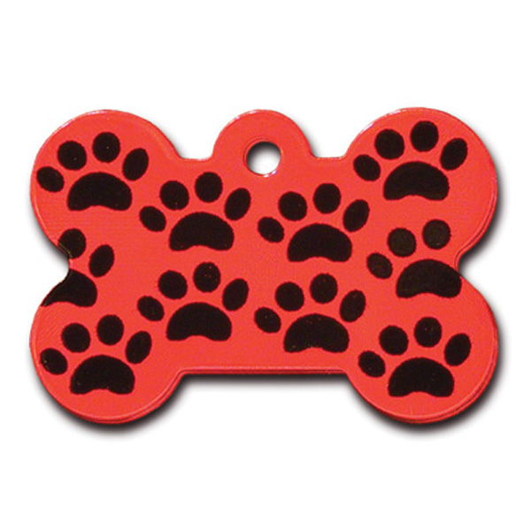 Bone Large Engravable Pet I.D. Tag - Red with Black Paws