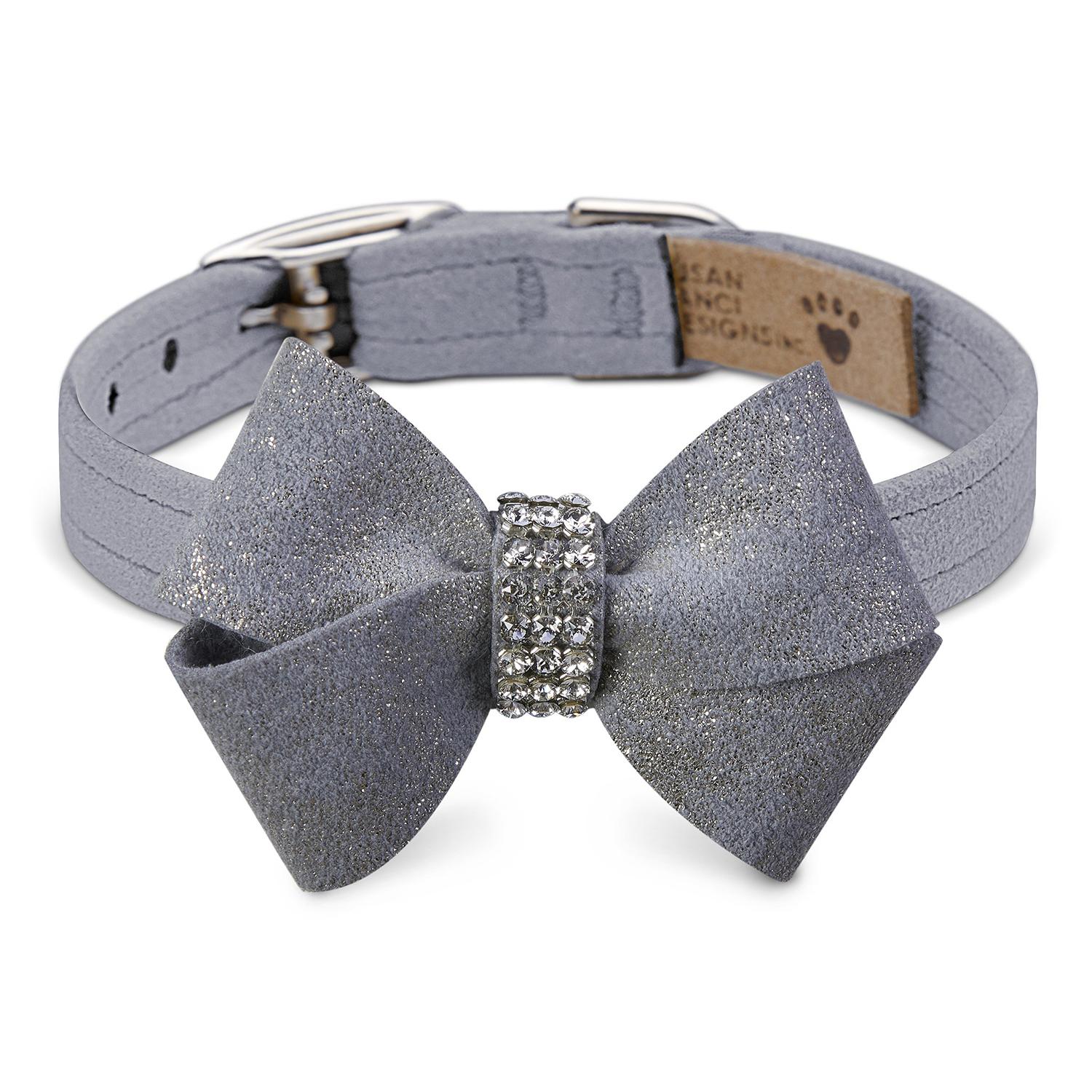 Platinum Glizerati Nouveau Bow Luxury Dog Collar by Susan Lanci - Platinum