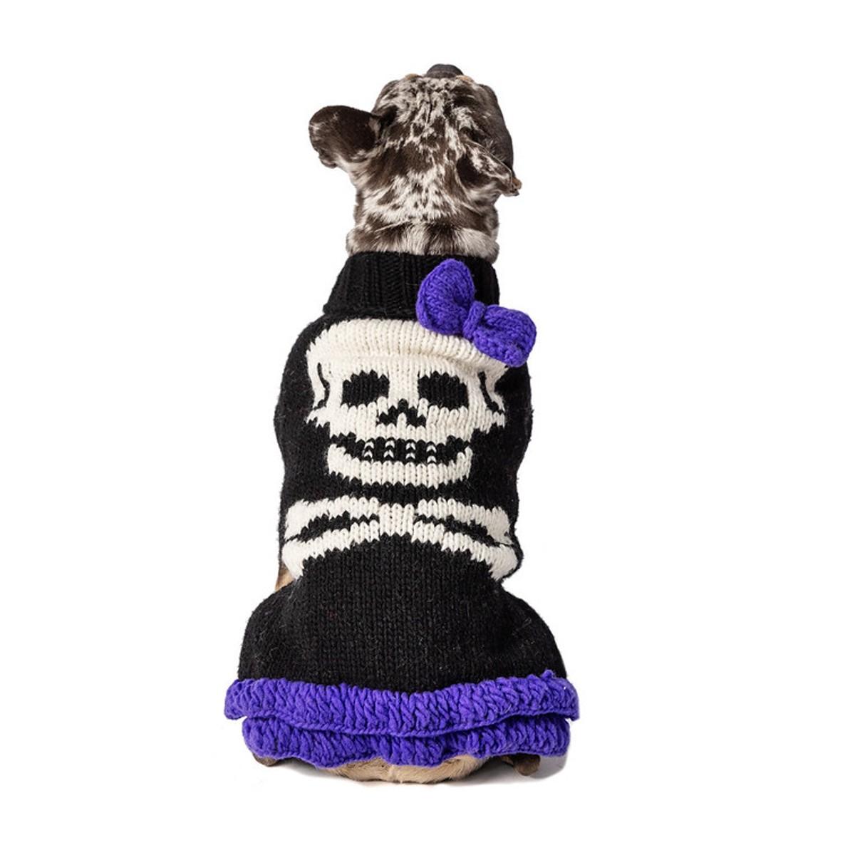 Chilly Dog Handmade Purple Bow Skull Wool Dog Sweater Dress