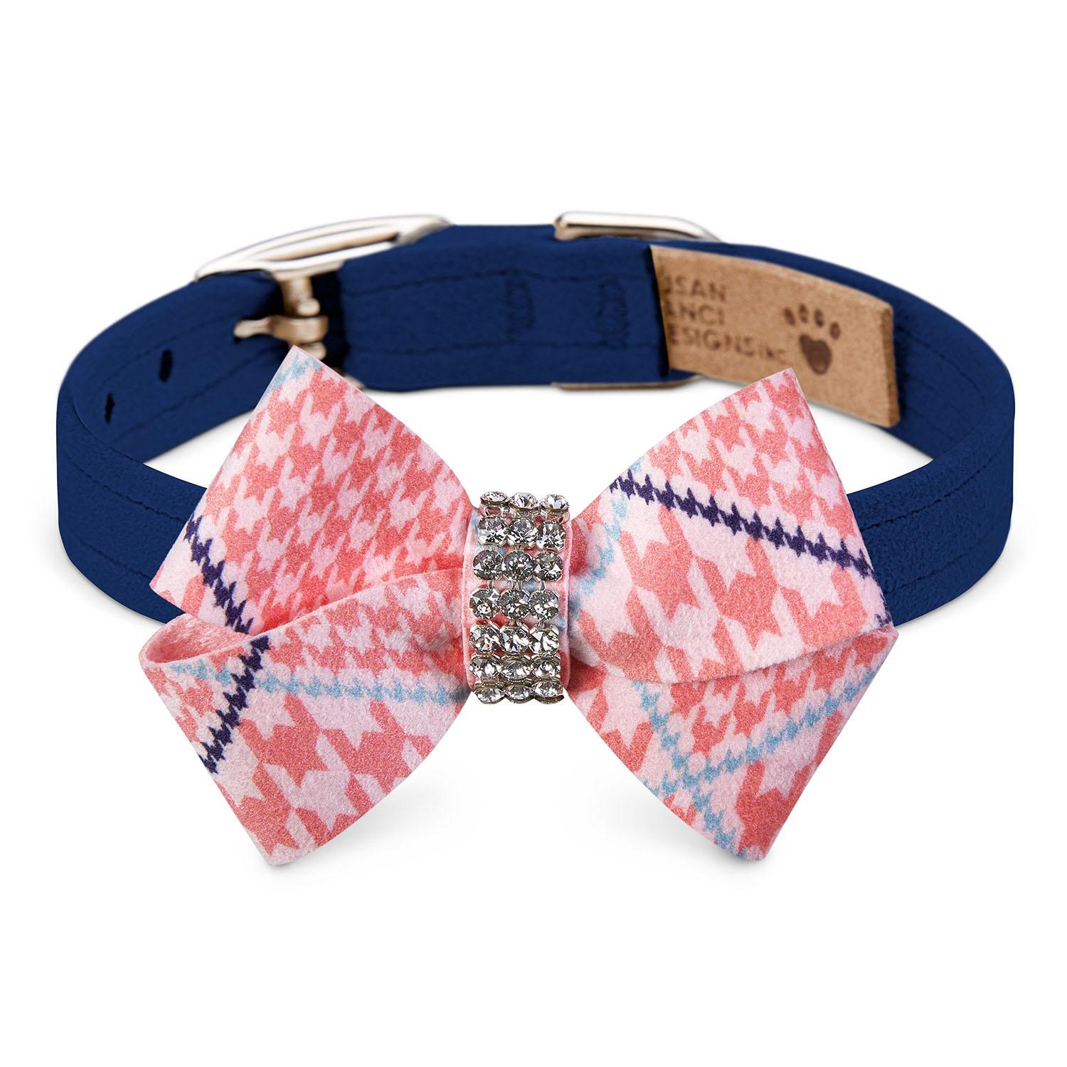 Peaches & Cream Glen Houndstooth Nouveau Bow Luxury Dog Collar by Susan Lanci - Indigo