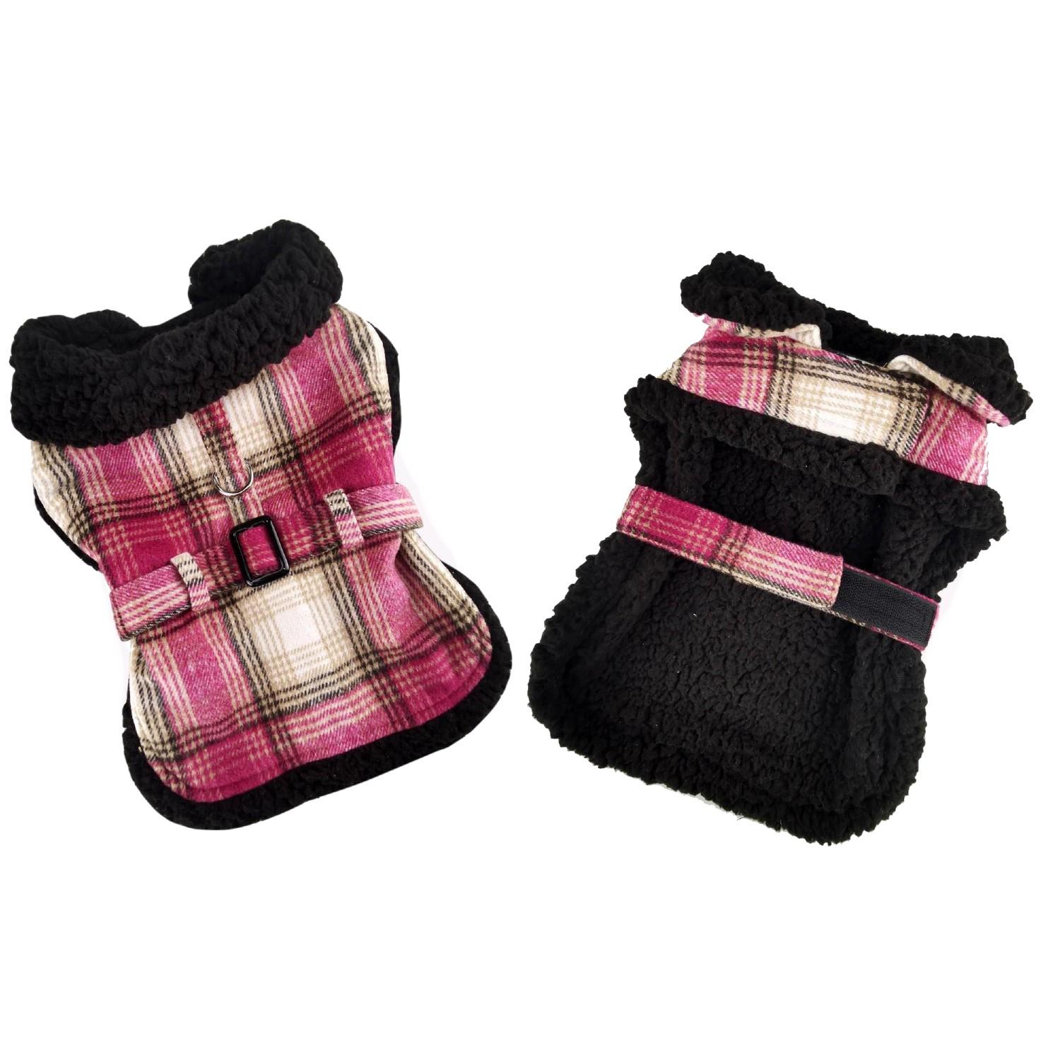 Doggie Design Plaid Sherpa Lined Dog Harness Coat - Hot Pink & Tan