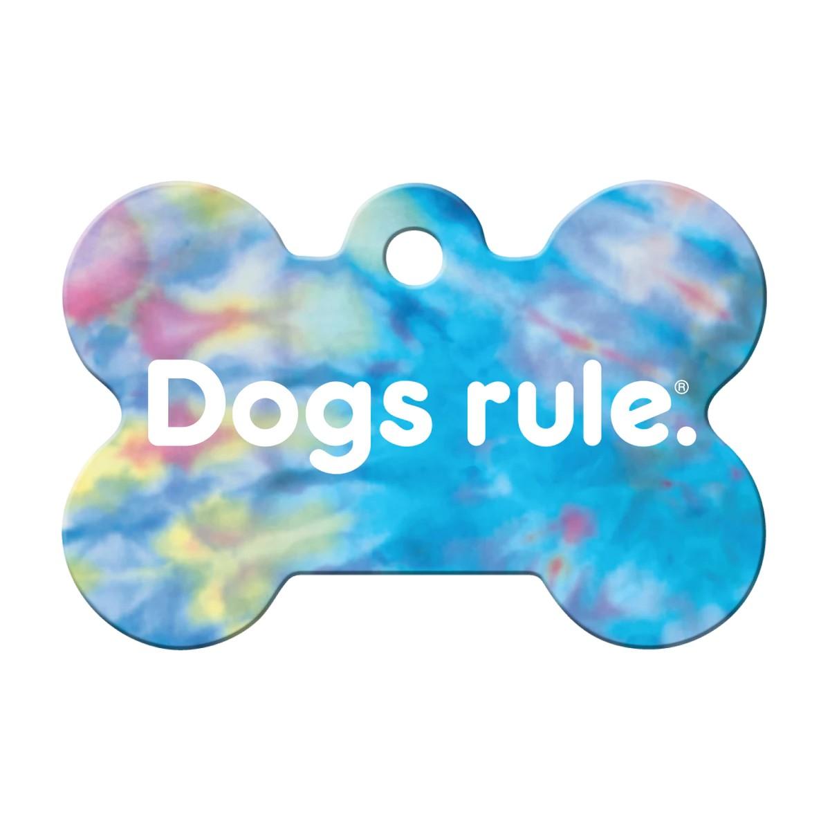 Dogs Rule Bone Large Engravable Pet I.D. Tag - Blue Tie Dye