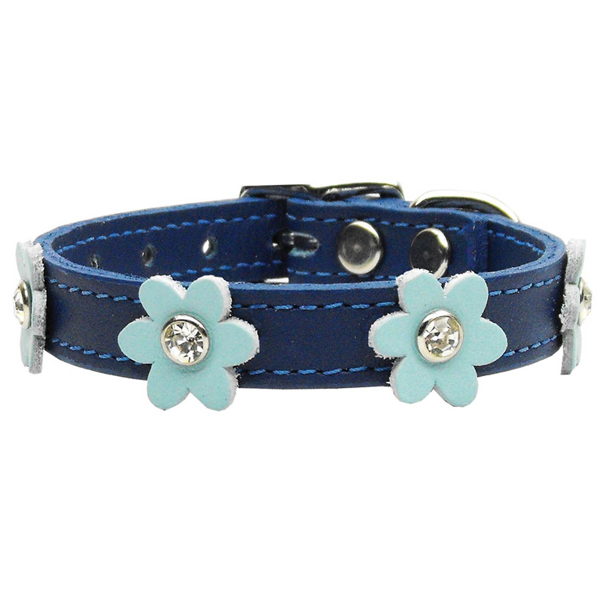 Flower Blue Leather Dog Collar - Baby Blue Flowers