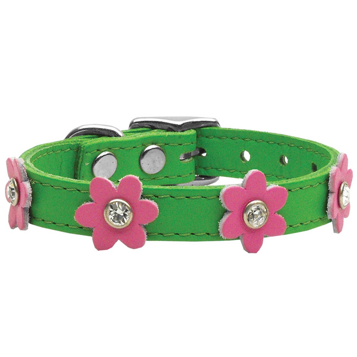 Flower Emerald Green Leather Dog Collar - Pink Flowers