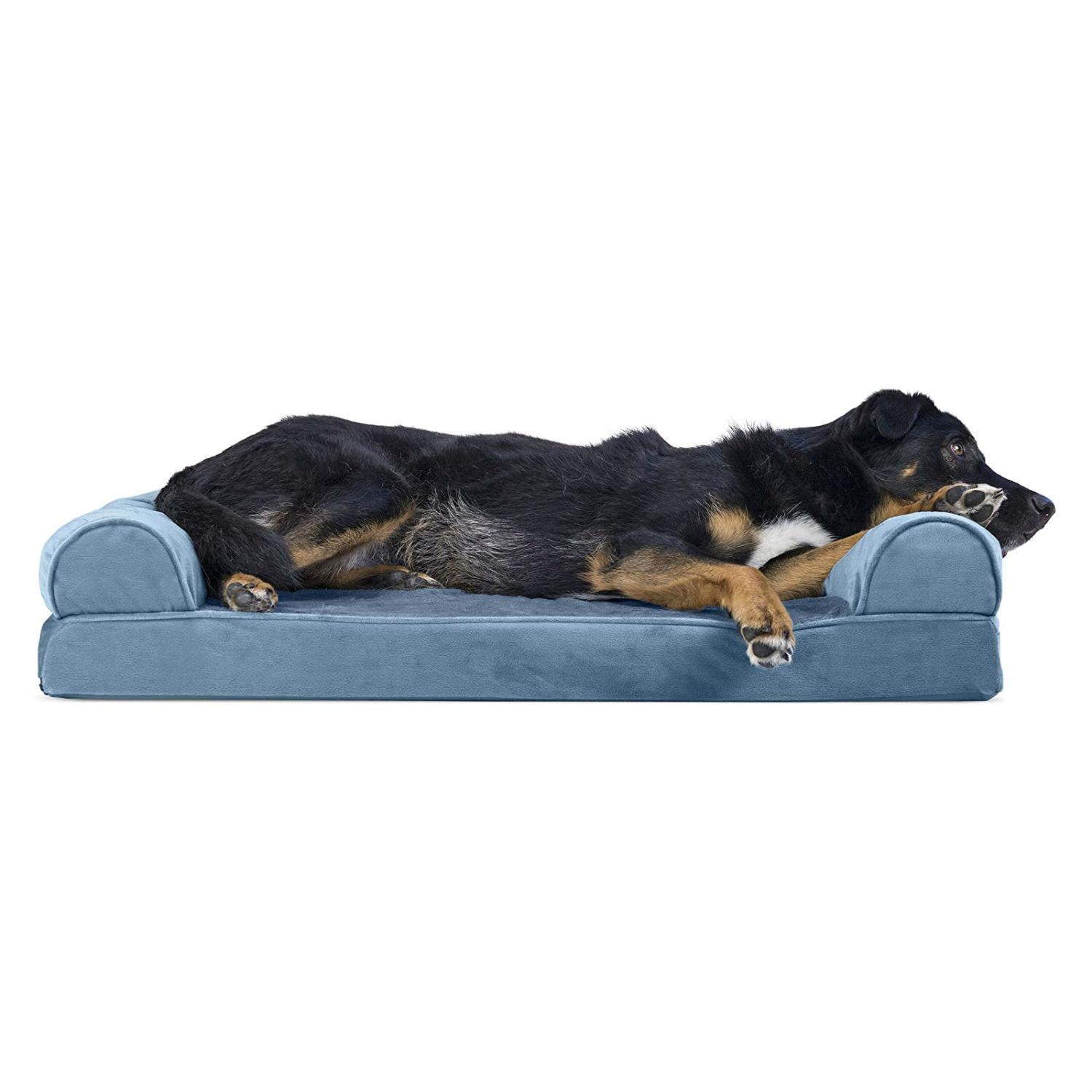 FurHaven Faux Fleece & Velvet Memory Top Sofa Pet Bed - Harbor Blue