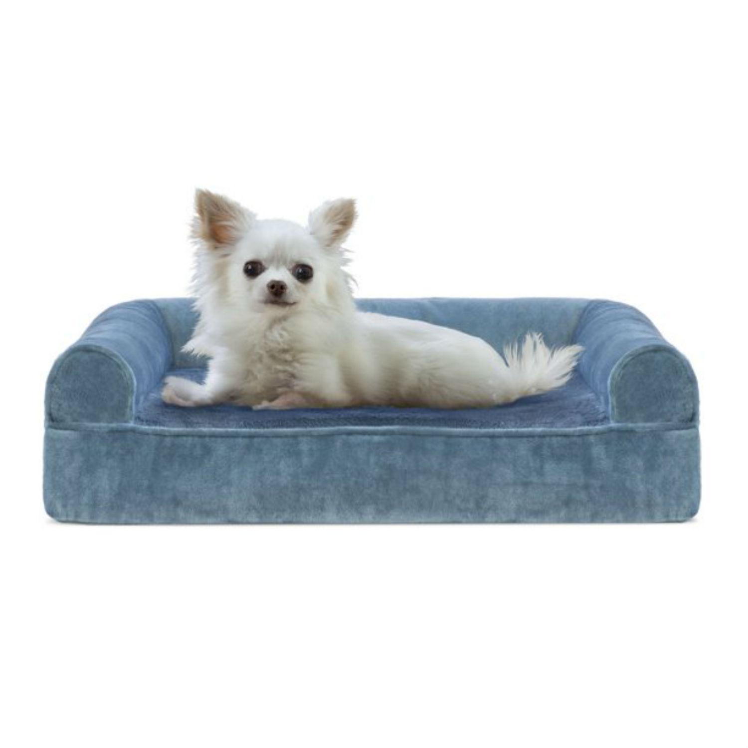 FurHaven Faux Fur & Velvet Cooling Gel Top Sofa-Style Pet Bed - Harbor Blue