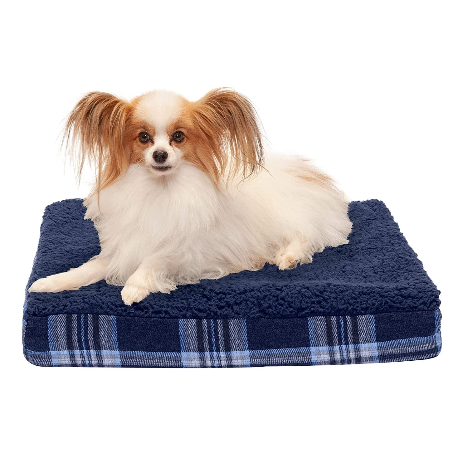FurHaven Faux Sheepskin & Plaid Deluxe Orthopedic Pet Bed - Midnight Blue