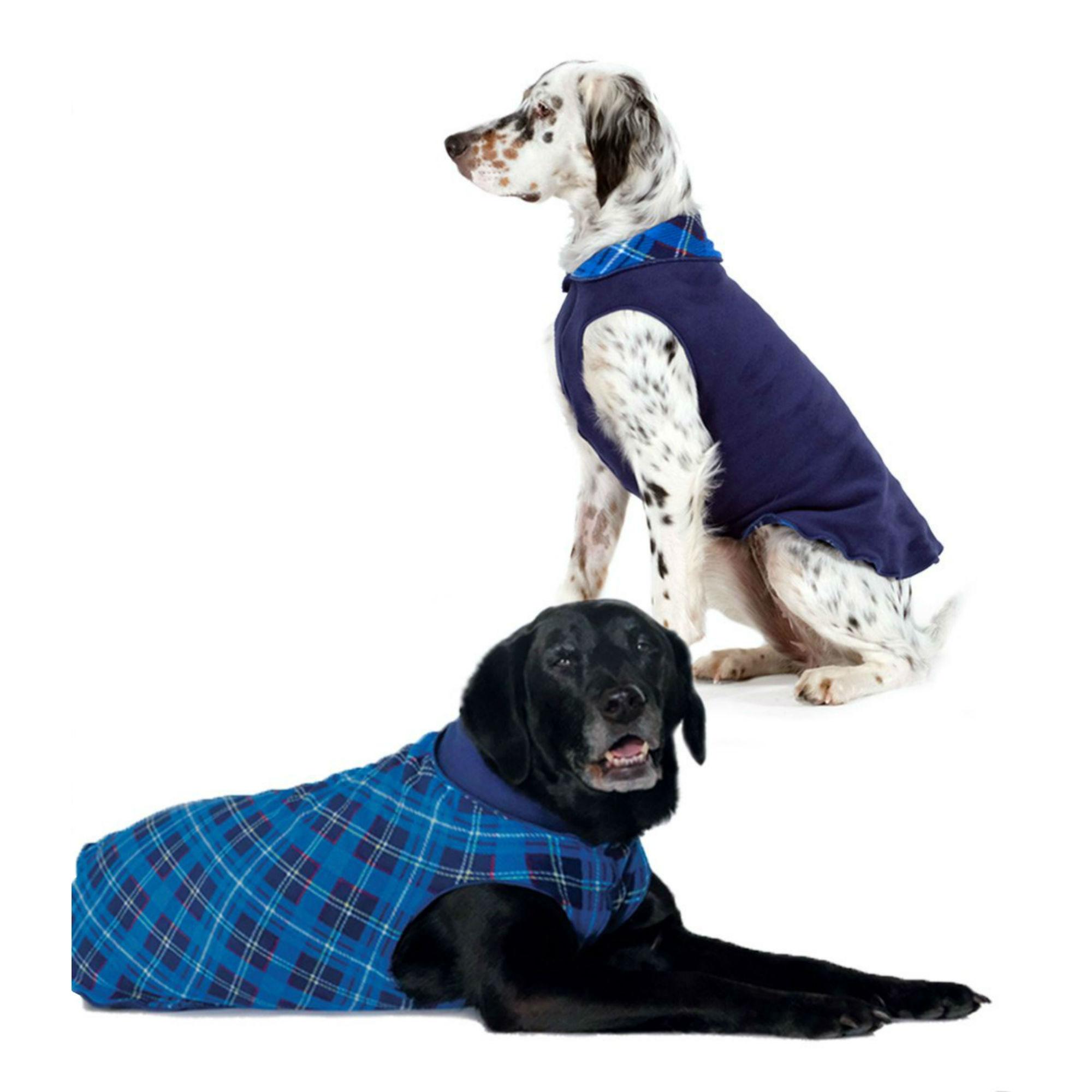 Gold Paw Reversible Double Fleece Dog Jacket - Blue Plaid/Navy
