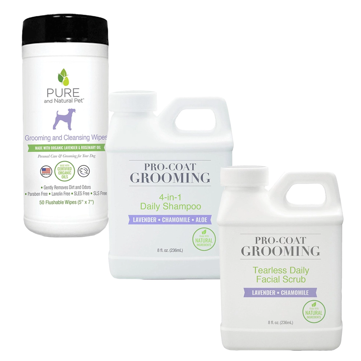 Grooming Bundle - Lavender Shampoo with Wipes and Facial Scrub