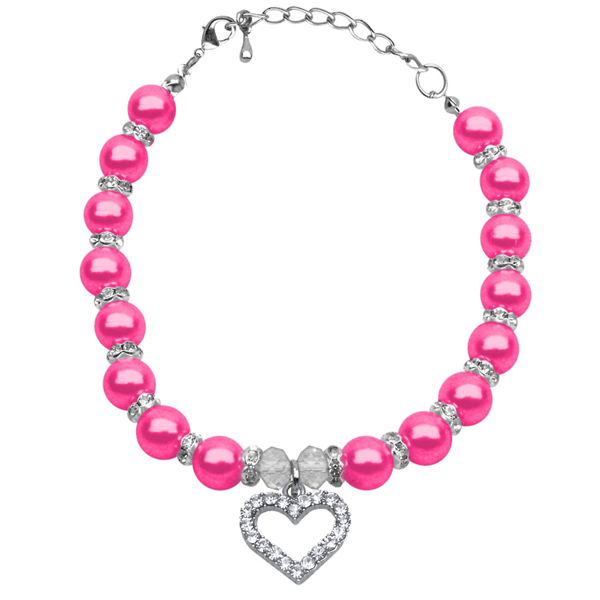 Heart and Pearl Dog Necklace - Bright Pink