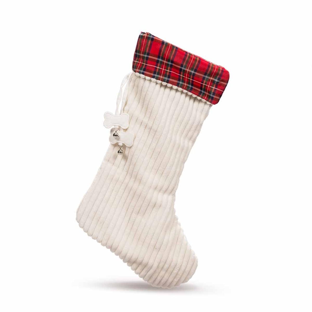 HuggleHounds Holiday Dog Stocking - Off White Corduroy with Tartan Cuff
