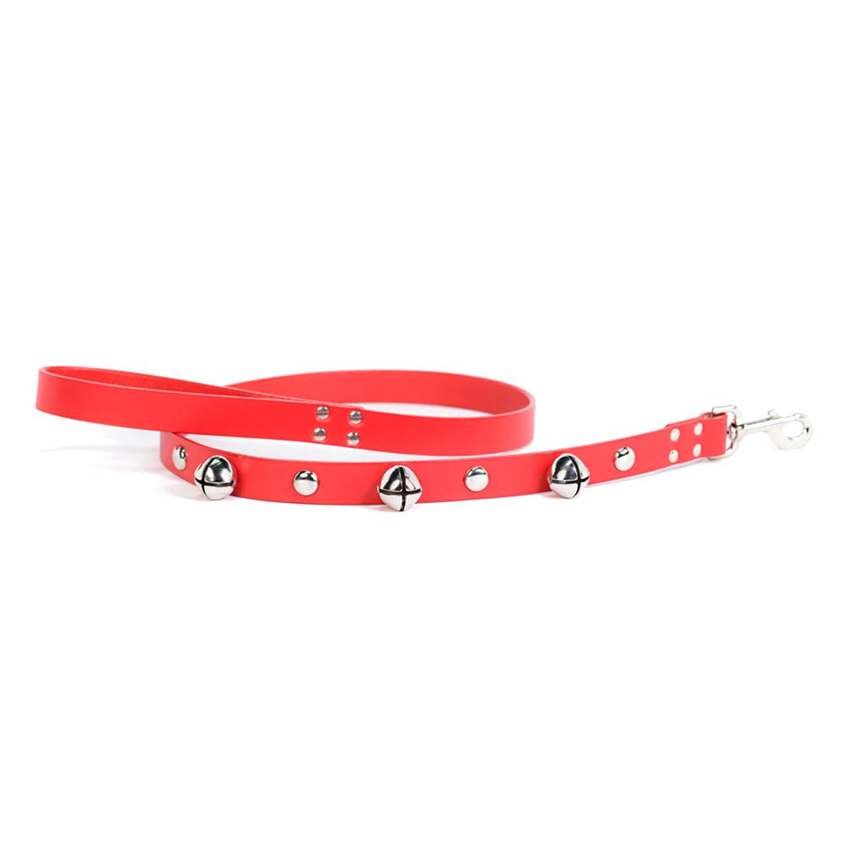 Auburn Leathercrafters Jingle Bell Studded Leather Dog Leash - Red