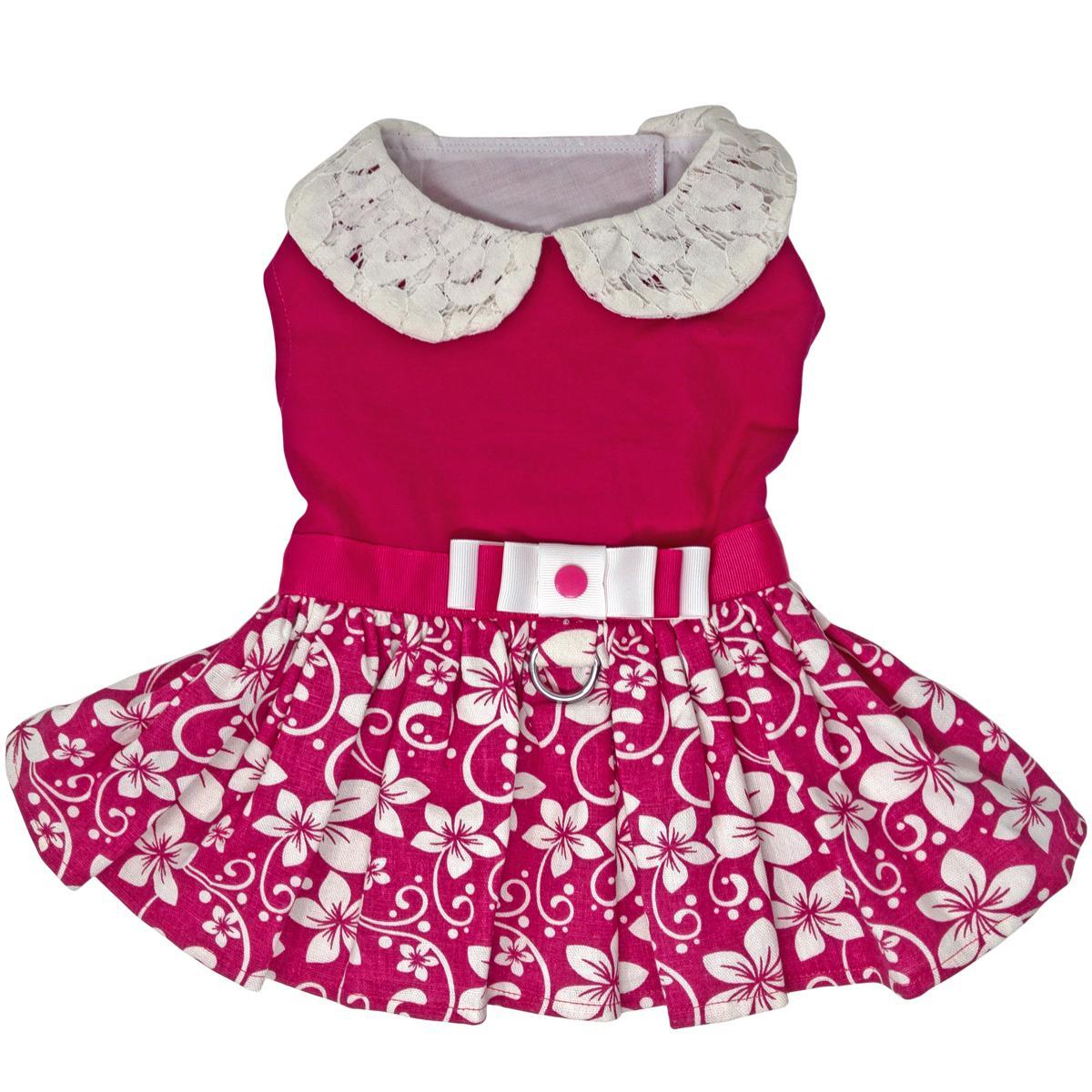 Pink Hibiscus Dog Harness Dress with Matching Leash by Doggie Design