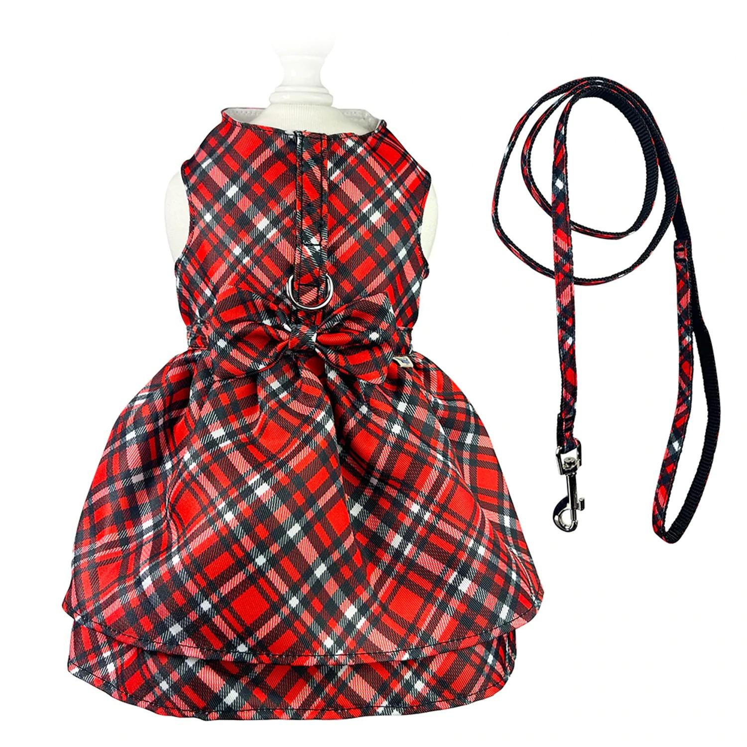 Klippo Red Plaid Dog Harness Dress with Matching Leash