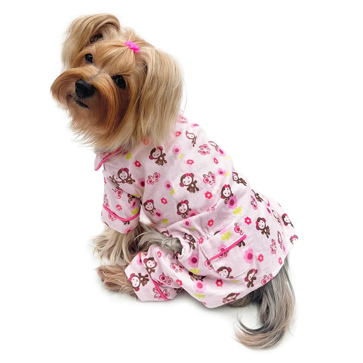 Klippo Girly Monkey Flannel Dog Pajamas with 2 Pockets - Pink