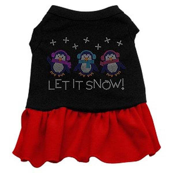 Let it Snow Penguins Rhinestone Dog Dress - Black with Red Skirt
