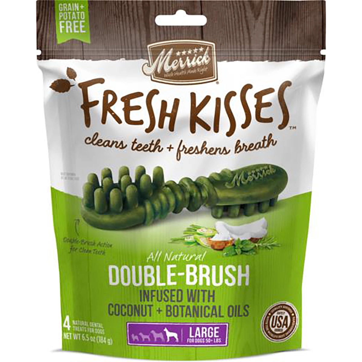 Merrick Fresh Kisses Double Brush Dental Dog Treats - Coconut & Botanical Oils