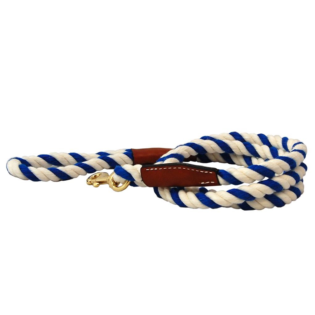 Auburn Leathercrafters Natural Cotton and Leather Dog Leash - Blue and White