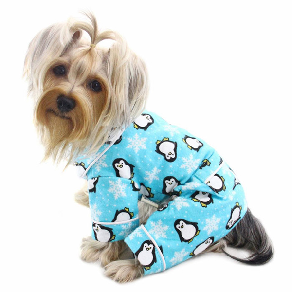 Klippo Penguins and Snowflakes Flannel Dog Pajamas - Turquoise