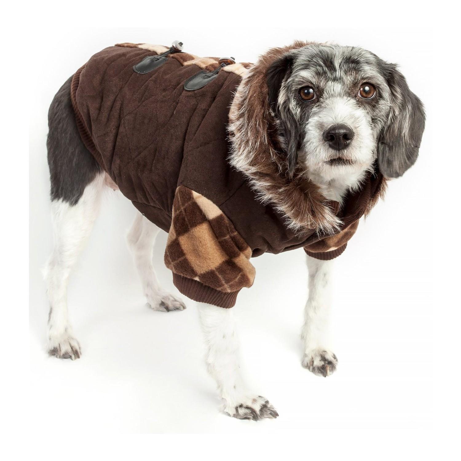 Pet Life Argyle Style 3M Insulated Suede Dog Parka Coat w/ Removable Hood