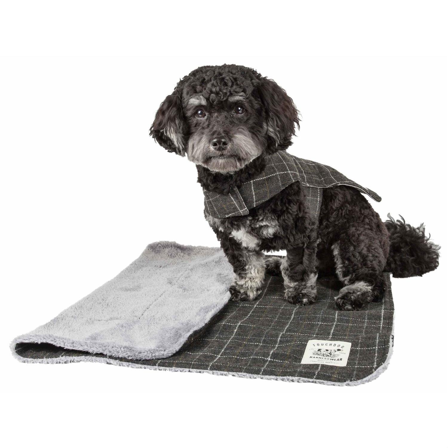 Pet Life Touchdog 2-in-1 Windowpane Plaid Dog Jacket with Matching Reversible Dog Mat - Dark Gray
