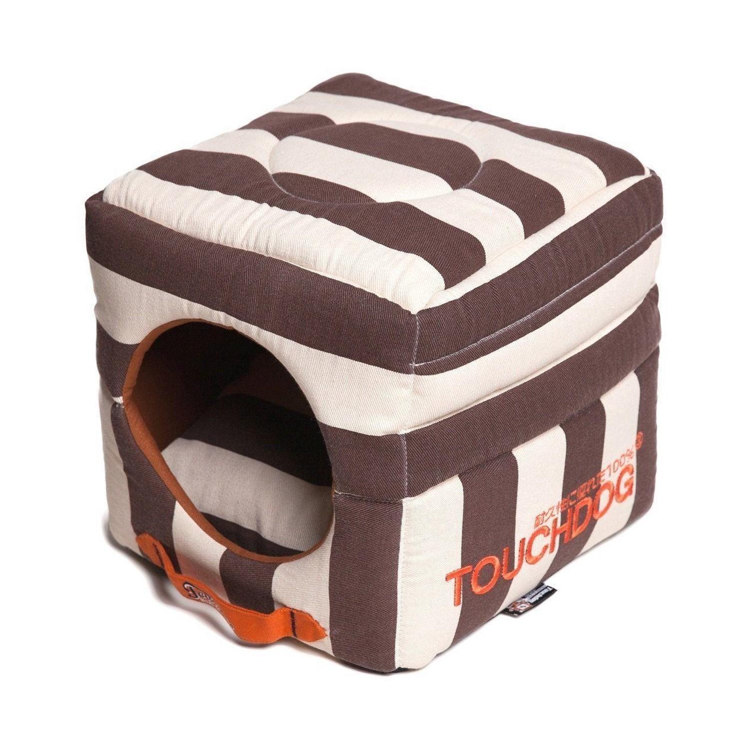 Pet Life Touchdog Polo-Striped 2-in-1 Collapsible Dog and Cat Bed - Cocoa Brown and White
