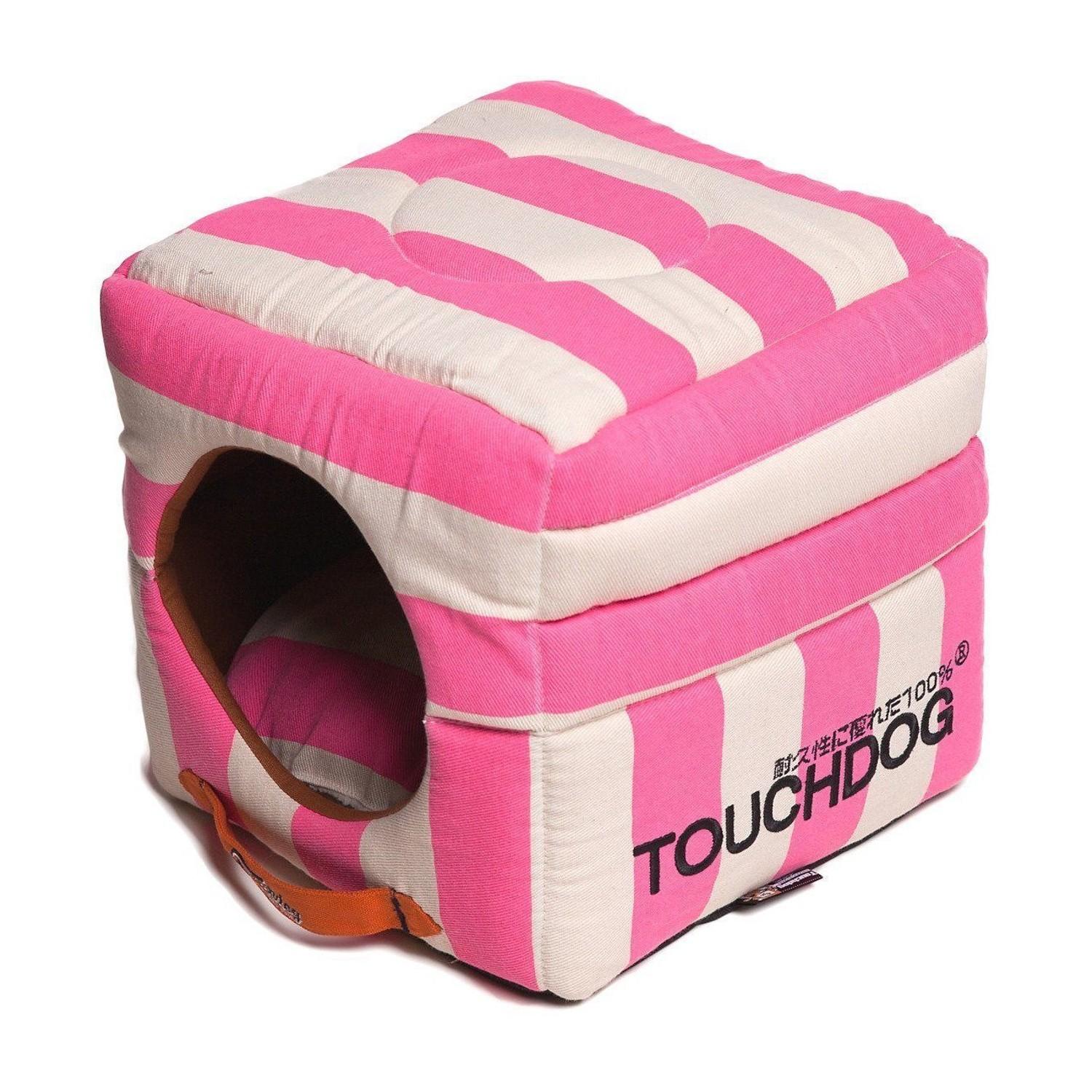 Pet Life Touchdog Polo-Striped 2-in-1 Collapsible Dog and Cat Bed - Pink and White
