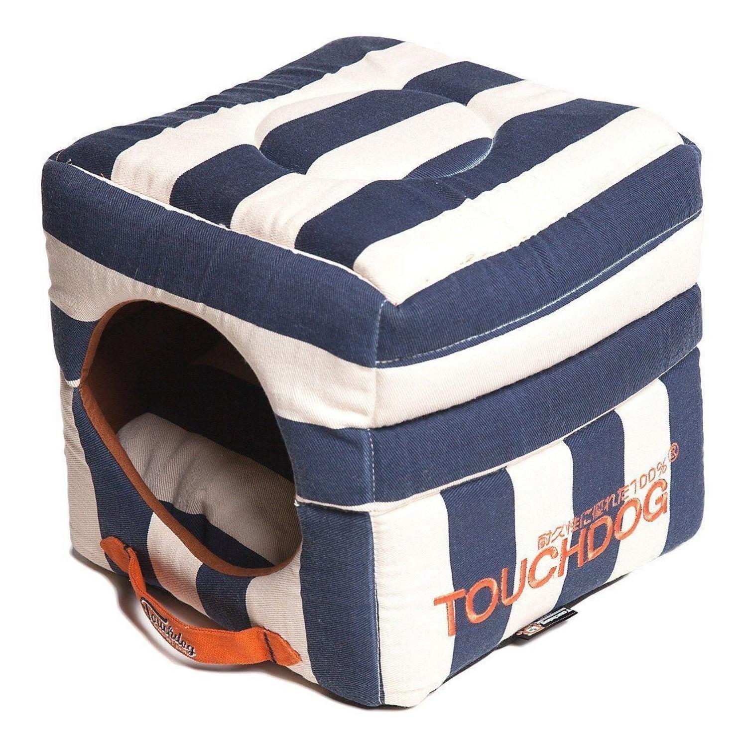 Pet Life Touchdog Polo-Striped 2-in-1 Collapsible Dog and Cat Bed - Blue and White