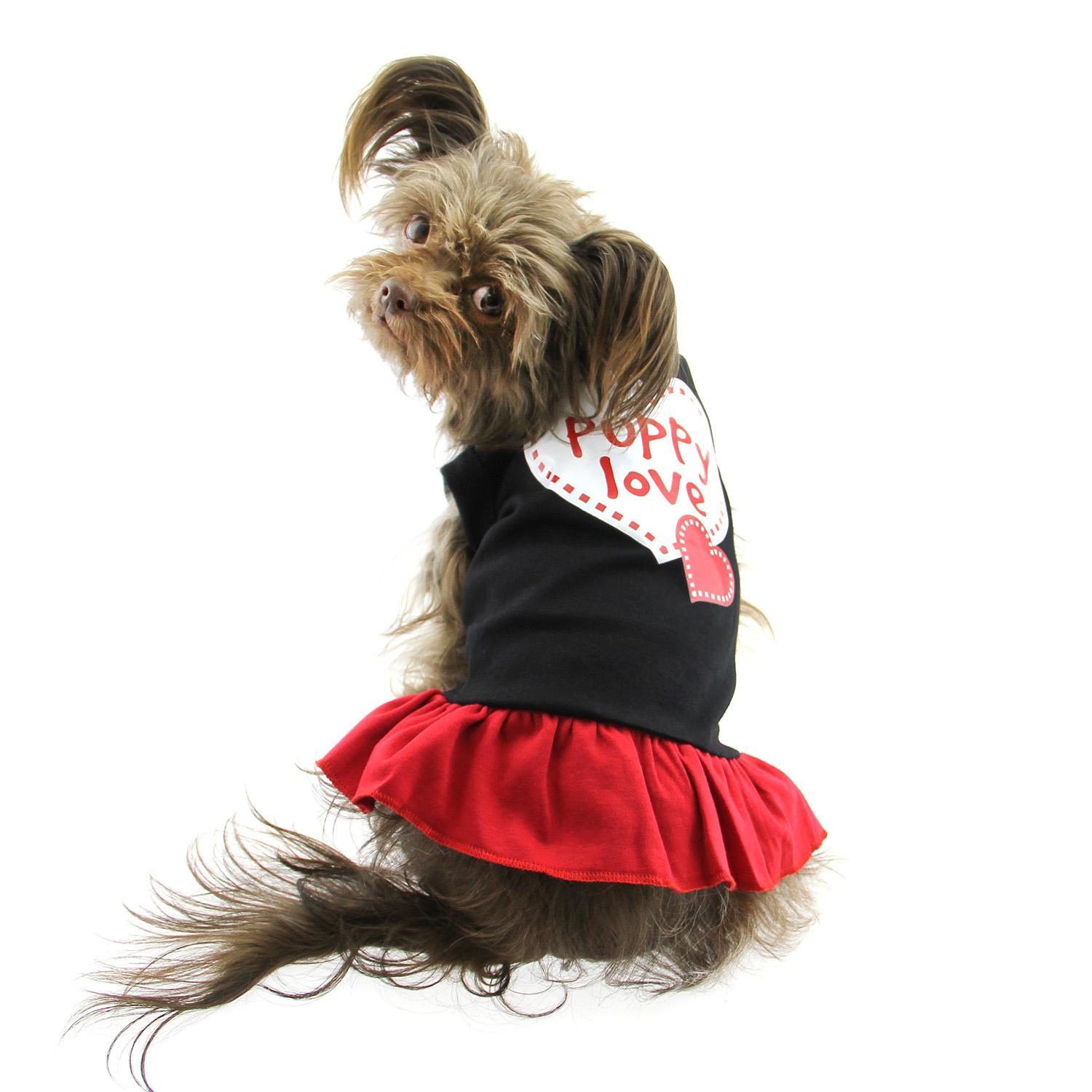 Puppy Love Screen Print Dog Dress - Black with Red Skirt