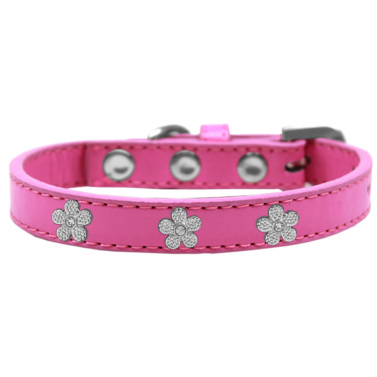 Silver Flower Widget Dog Collar - Bright Pink