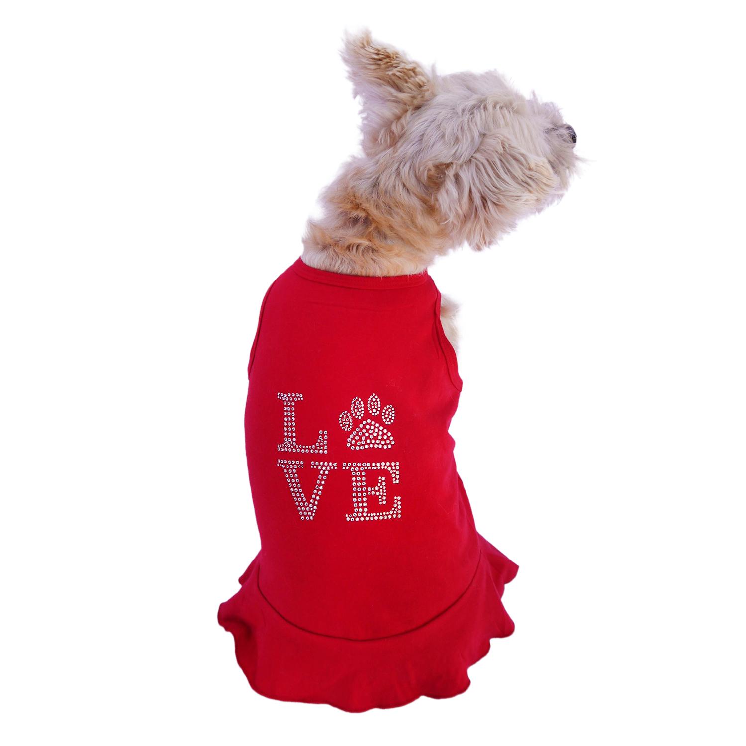 The Dog Squad Love Paws Rhinestone Tank Dog Dress - Red