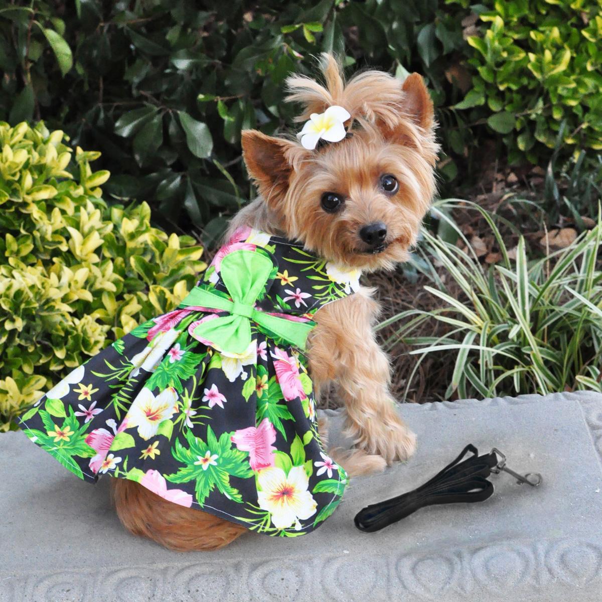 Twilight Black Hawaiian Hibiscus Dog Dress with Leash by Doggie Design