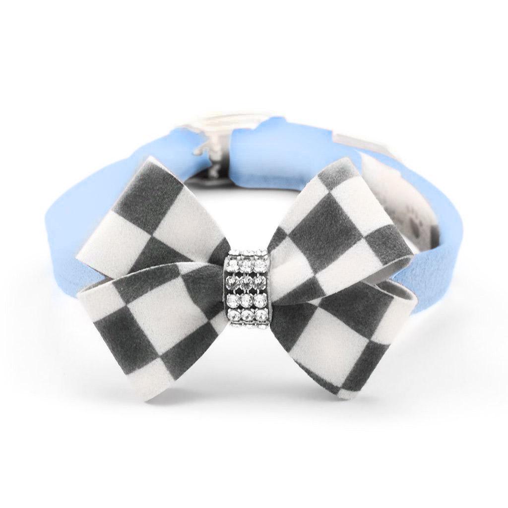 Susan Lanci Windsor Check Nouveau Bow Luxury Dog Collar - Puppy Blue