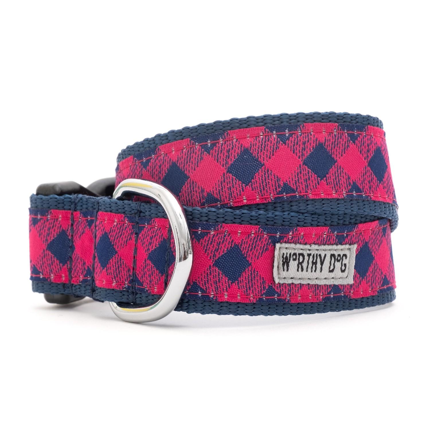 Worthy Dog Bias Buffalo Plaid Dog Collar - Pink/Navy