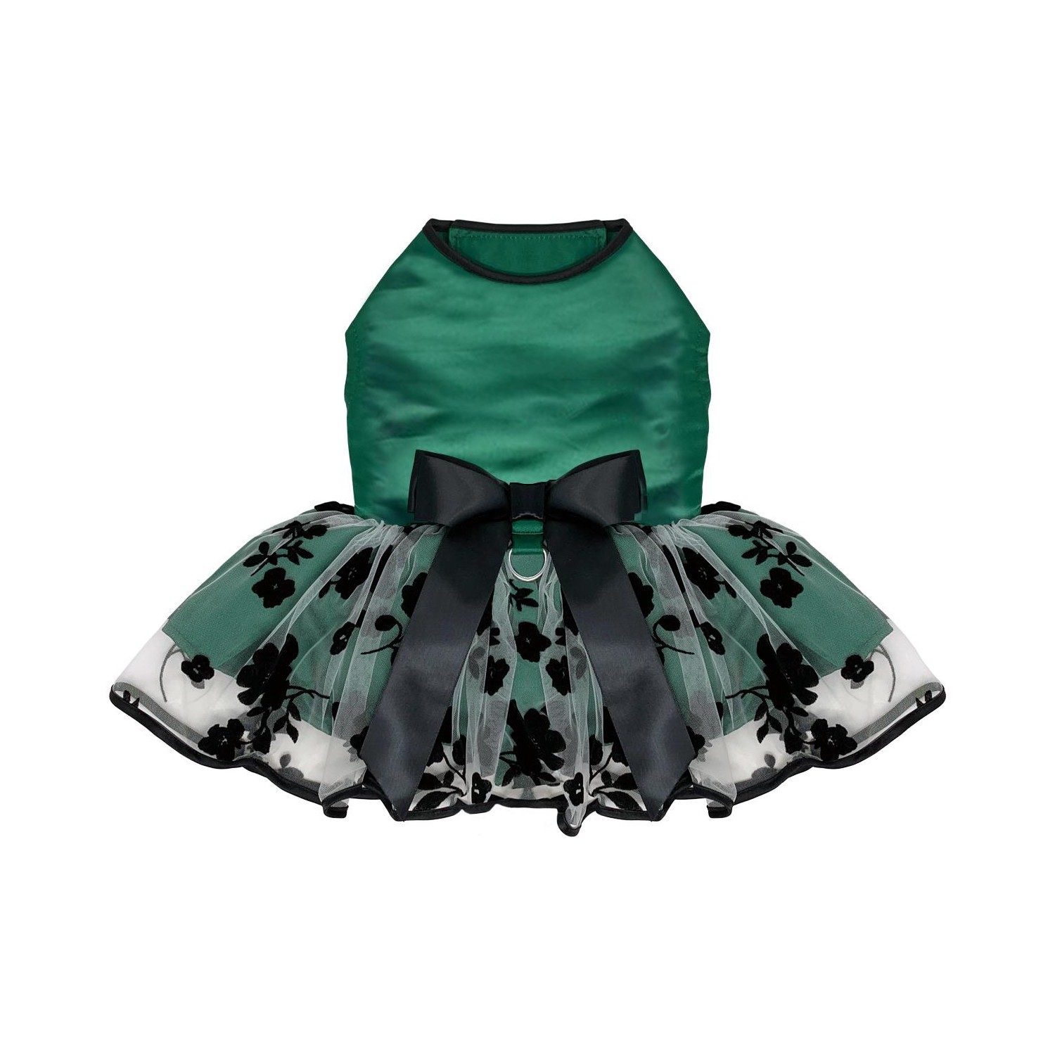 Doggie Design Holiday Satin Dog Dress with Leash - Green & Black 