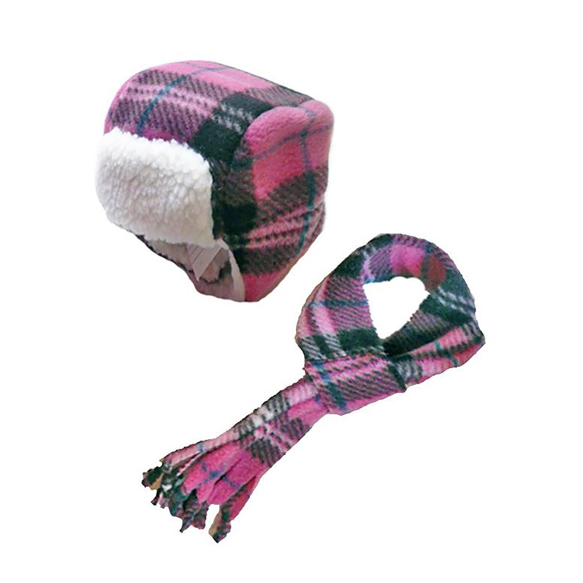 My Canine Kids Aviator Hat and Scarf Set for Dogs - Pink Plaid