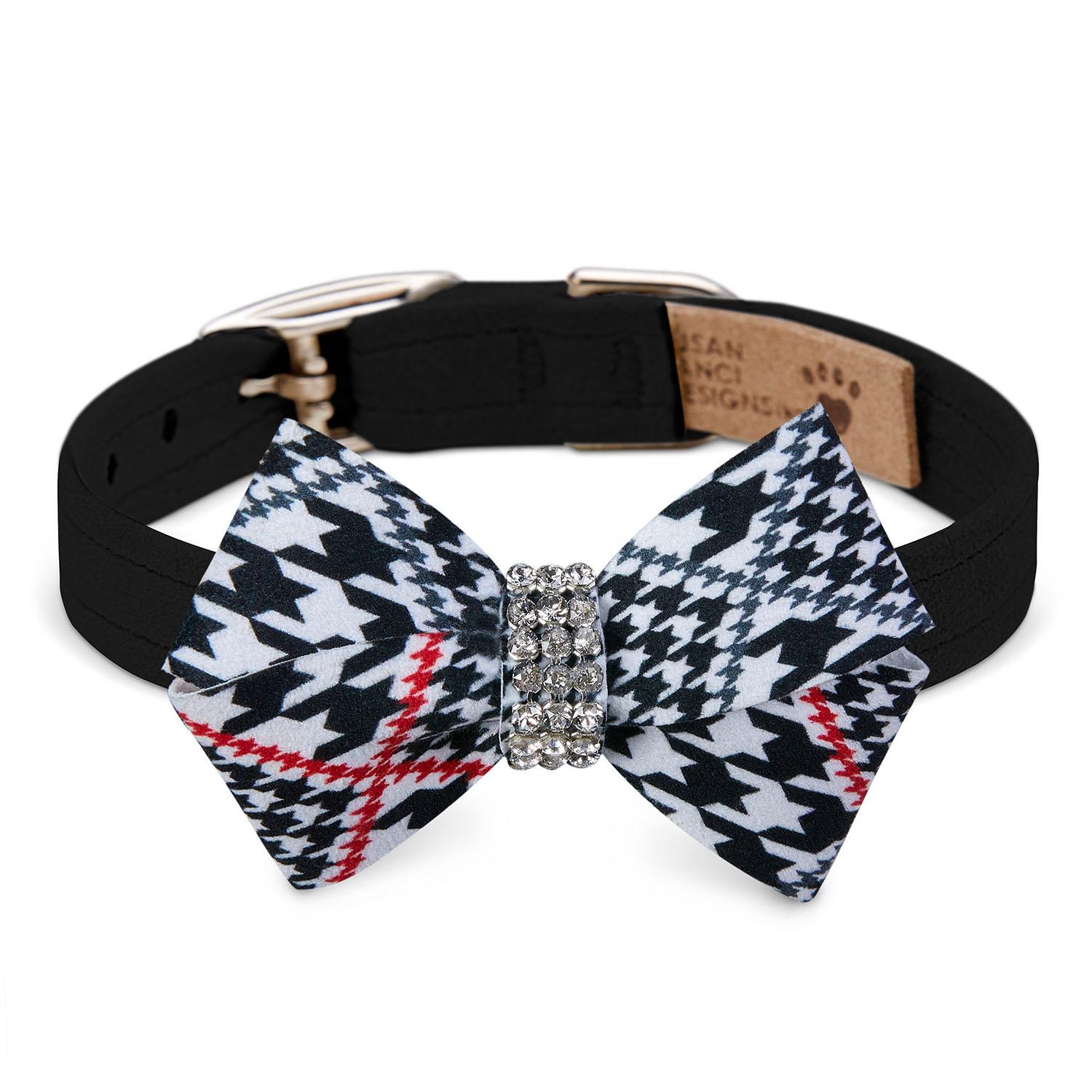 Susan Lanci Classic Glen Houndstooth Nouveau Bow Luxury Dog Collar - Black