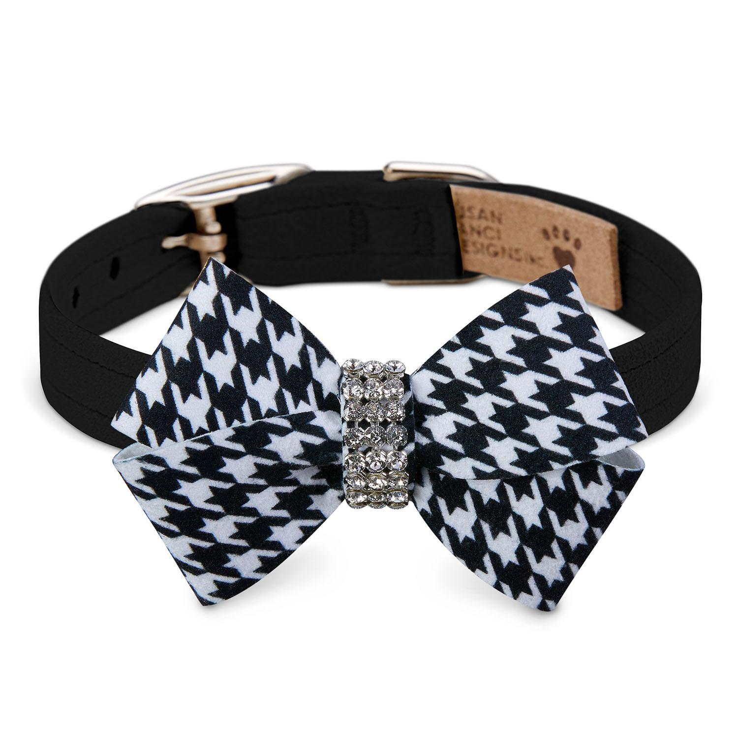 Susan Lanci Black & White Houndstooth Nouveau Bow Luxury Dog Collar - Black