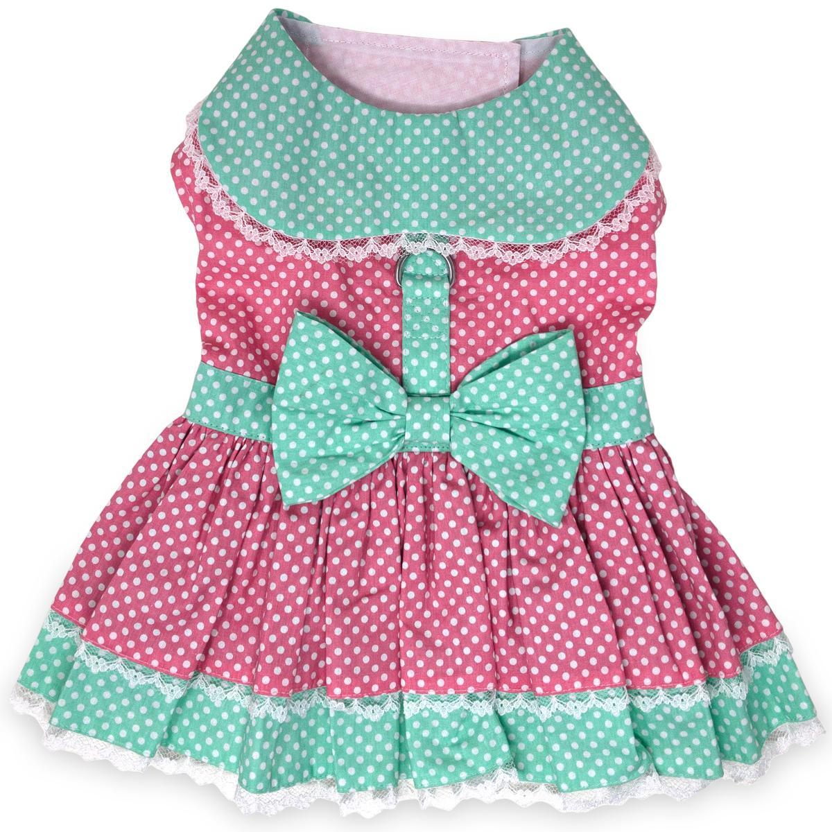 Polka Dot and Lace Dog Harness Dress with Matching Leash by Doggie Design - Pink and Teal