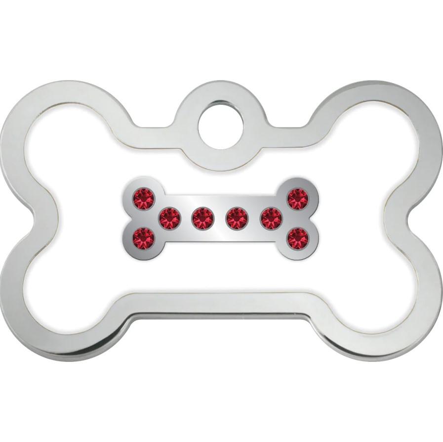 Bone Small Engravable Pet I.D. Tag - Chrome and White Epoxy with Red Crystals