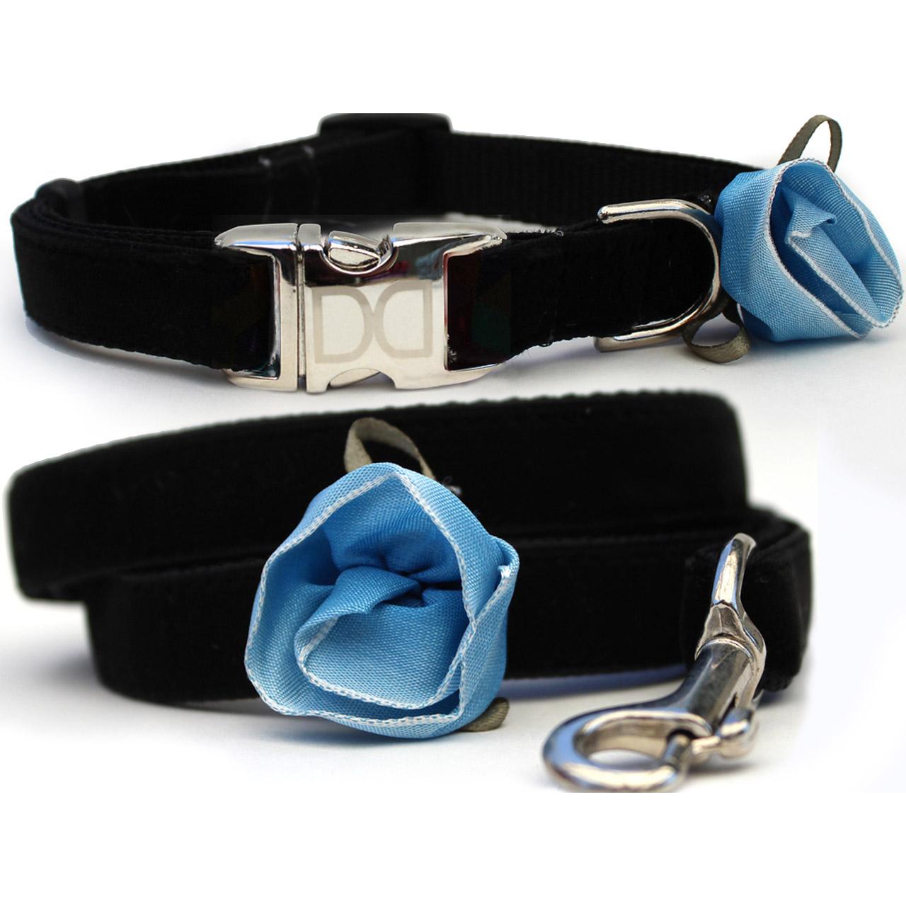 Diva Dog Carnation Blue Velvet Small Dog Collar and Leash Set