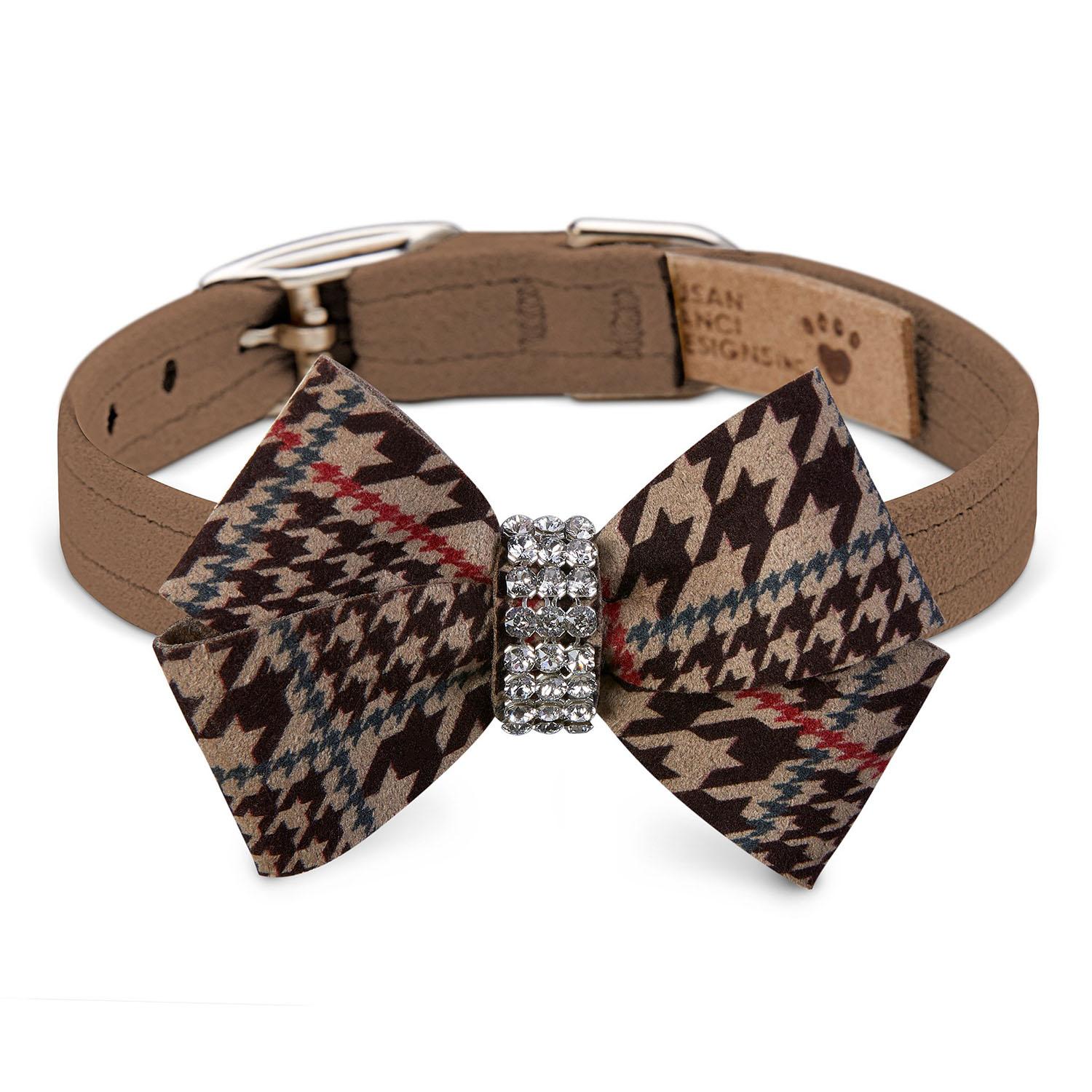 Chocolate Glen Houndstooth Nouveau Bow Luxury Dog Collar by Susan Lanci - Fawn