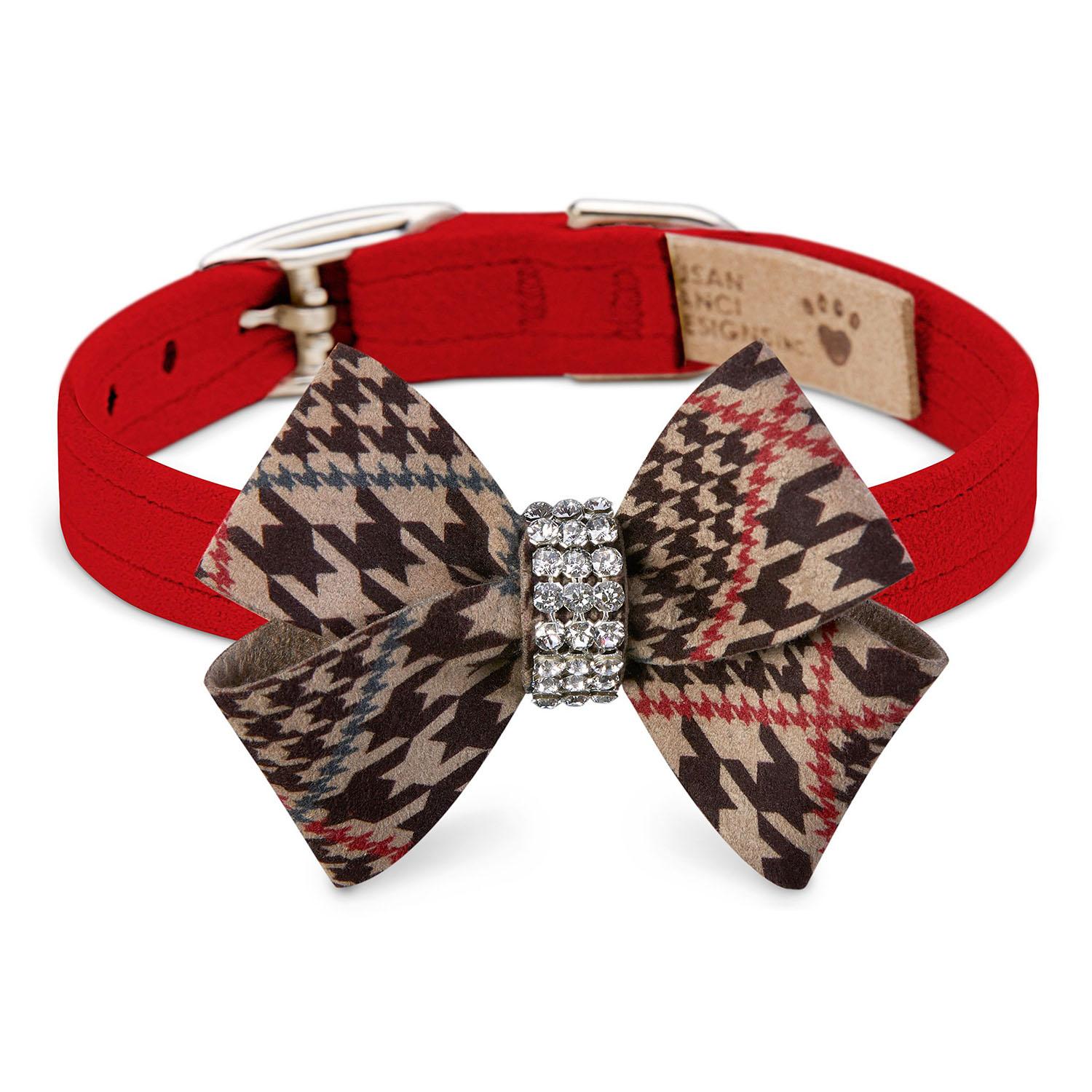 Chocolate Glen Houndstooth Nouveau Bow Luxury Dog Collar by Susan Lanci - Red