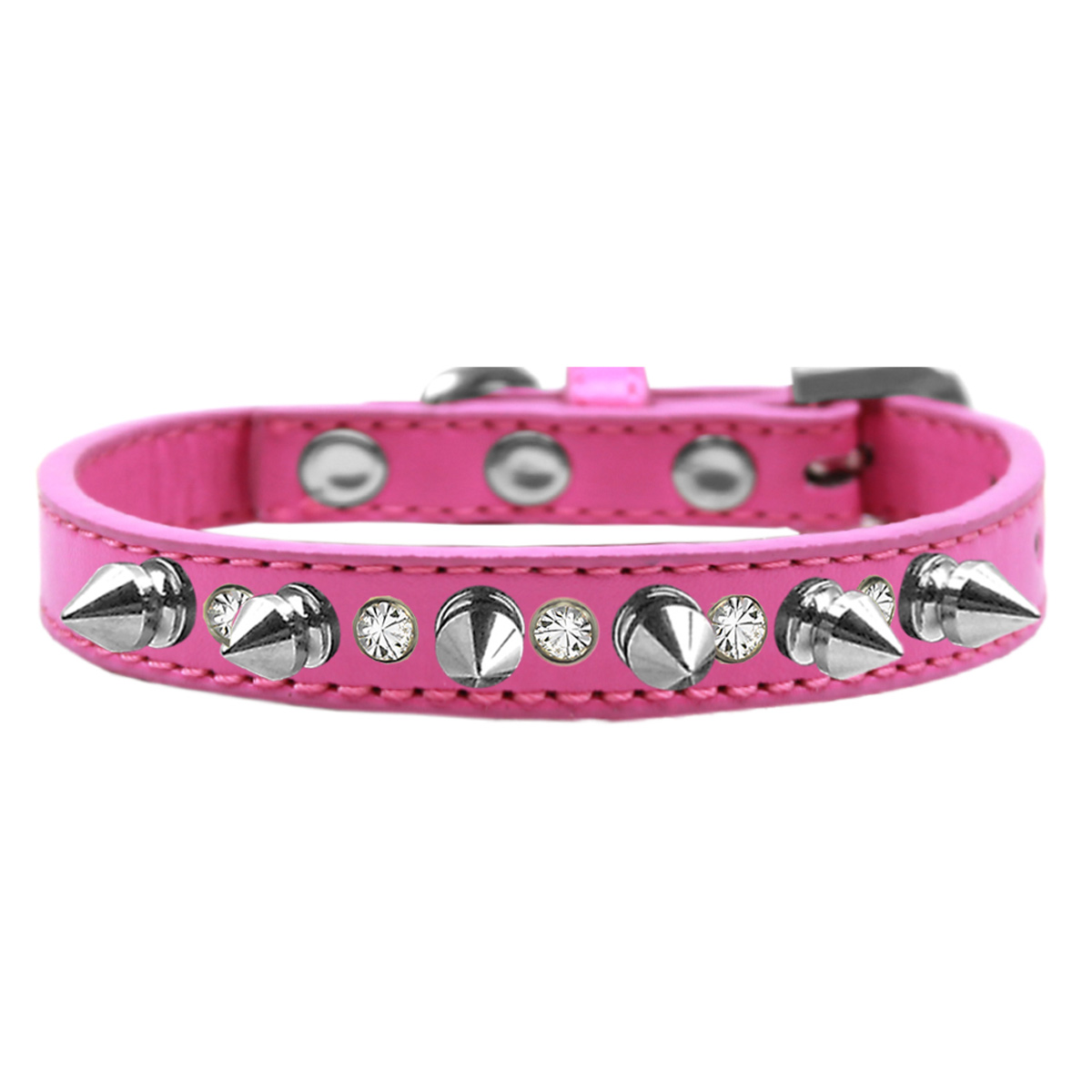 Crystals and Silver Spikes Dog Collar - Bright Pink