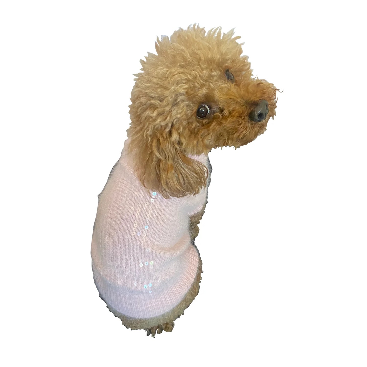 The Dog Squad Sophia Shimmer Sequin Turtleneck Dog Sweater - Shell Pink