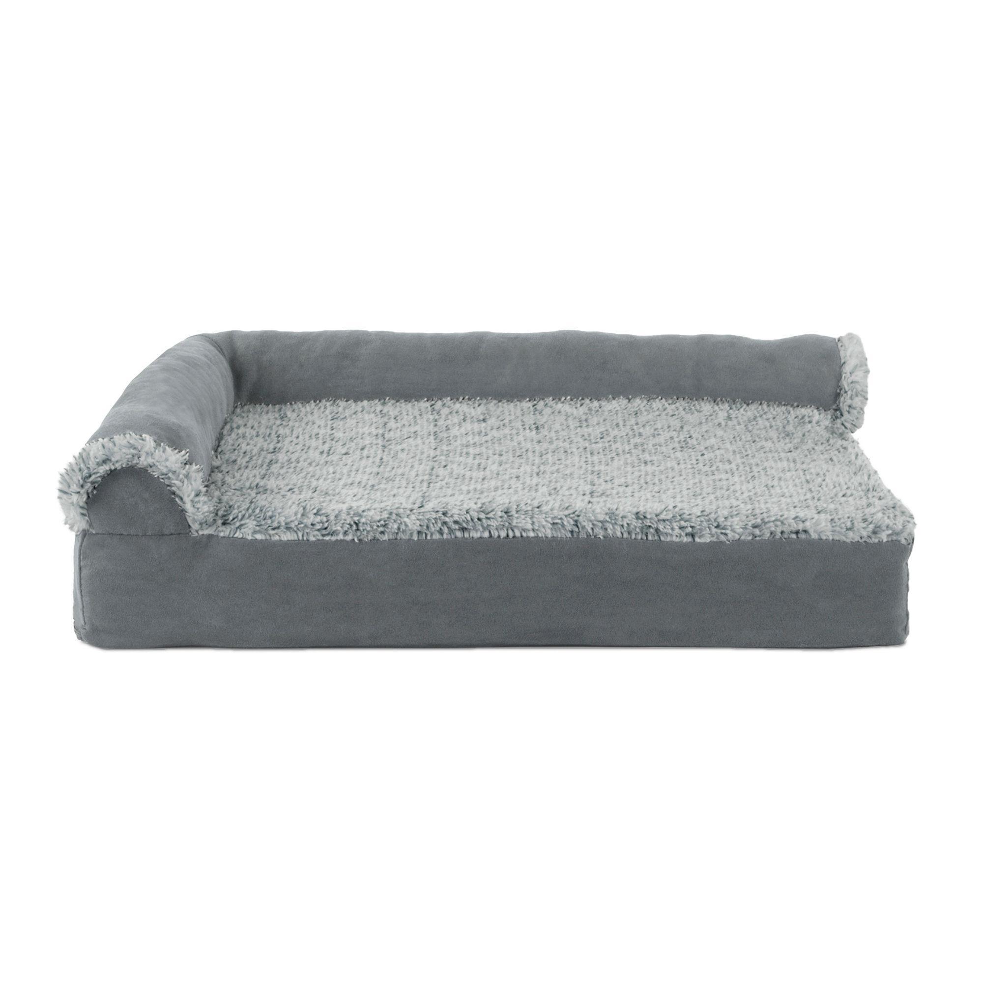 FurHaven Two-Tone Faux Fur & Suede Deluxe Chaise Lounge Cooling Gel Top Pet Bed - Stone Gray