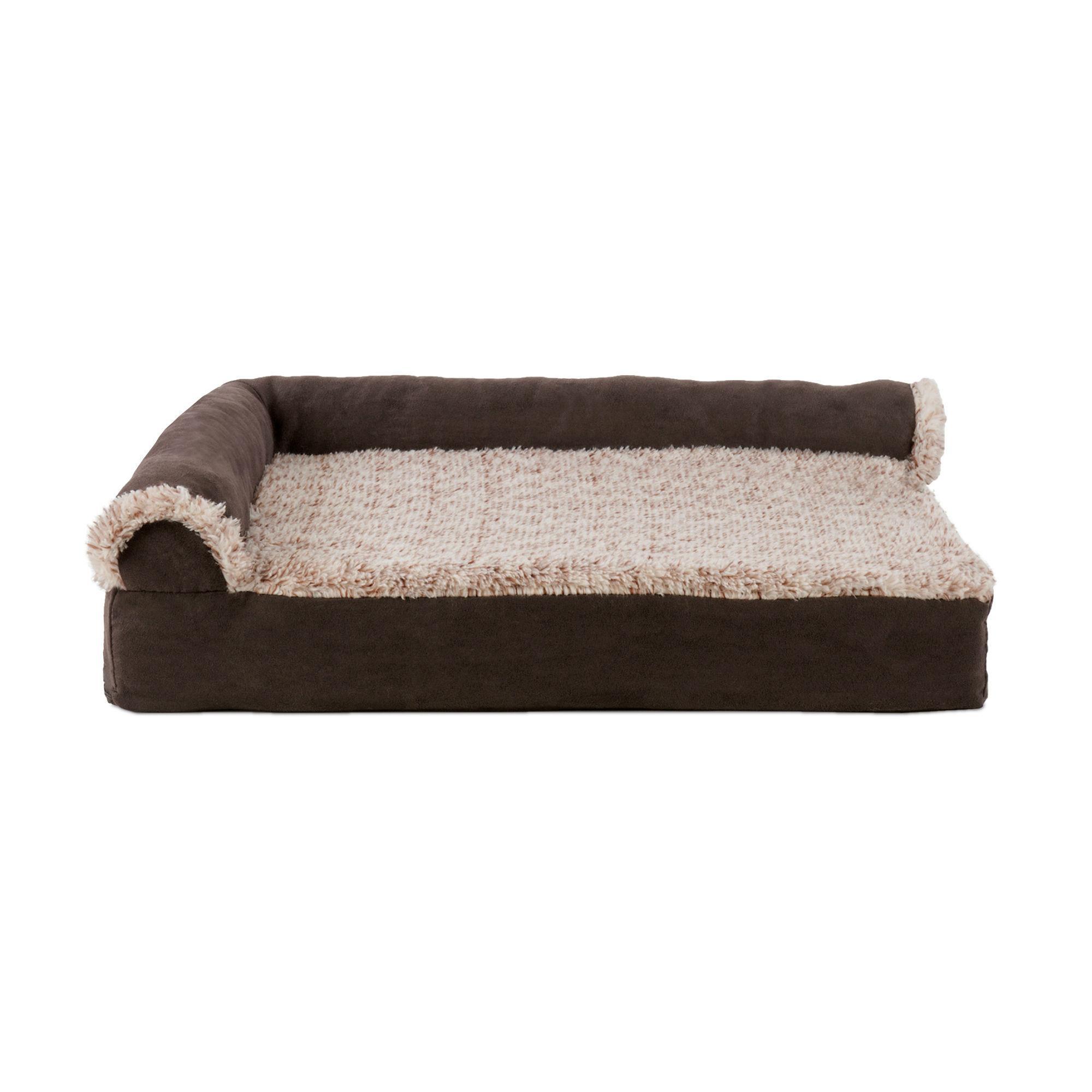 FurHaven Two-Tone Faux Fur & Suede Deluxe Chaise Lounge Cooling Gel Top Pet Bed - Espresso